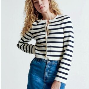Abercrombie & Fitch LuxeLoft Crew Sweater Jacket Striped Nautical White Navy S